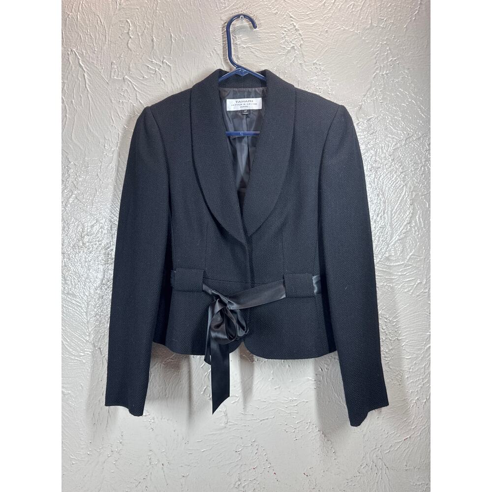 Tahari‎ Tweed Satin Belt Stone Snap Belt Fitted Blazer Jacket Petite 2 Black